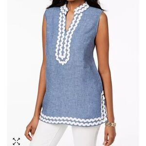 Charter Club 100% Linen Light Chambray Sleeveless Embroidered Tunic Top Size P/S